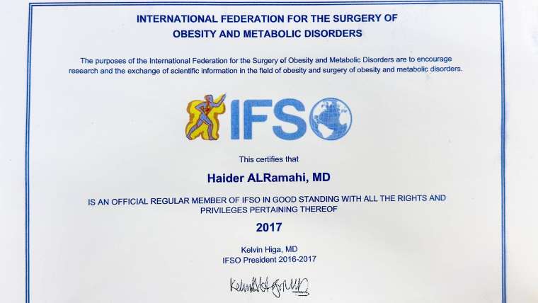 عضوية الأتحاد الدولي لجراحة السمنة  والأضطرابات الأيضية International Federation for the Surgery of Obesity and Metabolic Disorders (IFSO)